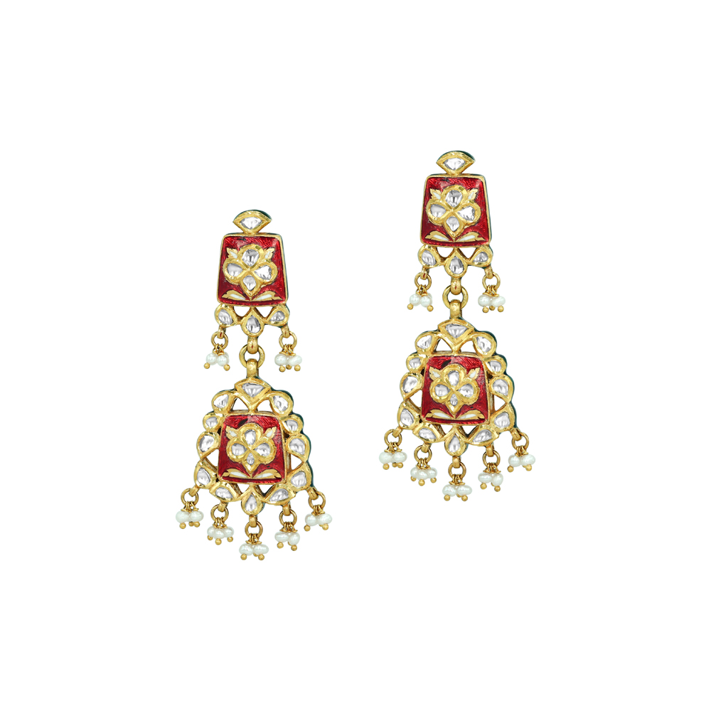Red Enamel Polki Earrings with Floral Motifs and Cheed Pearls